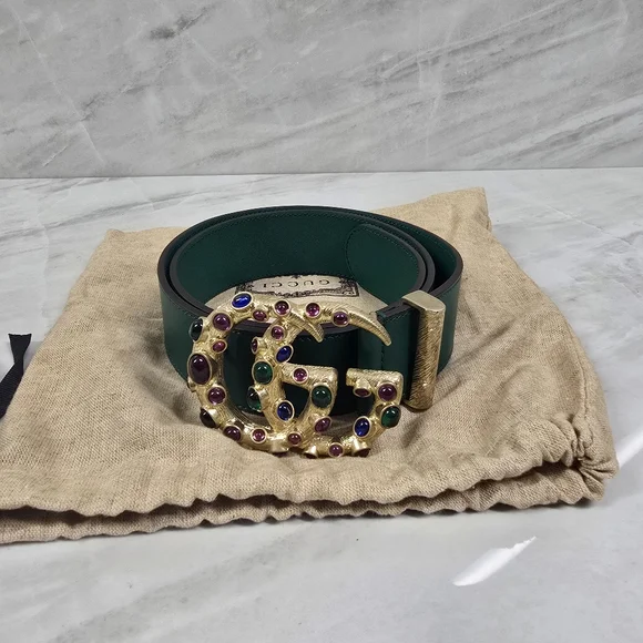 🔥RARE🔥Gucci Green Leather Logo Belt with Jeweled Double G Buckle - Picture 1 of 7